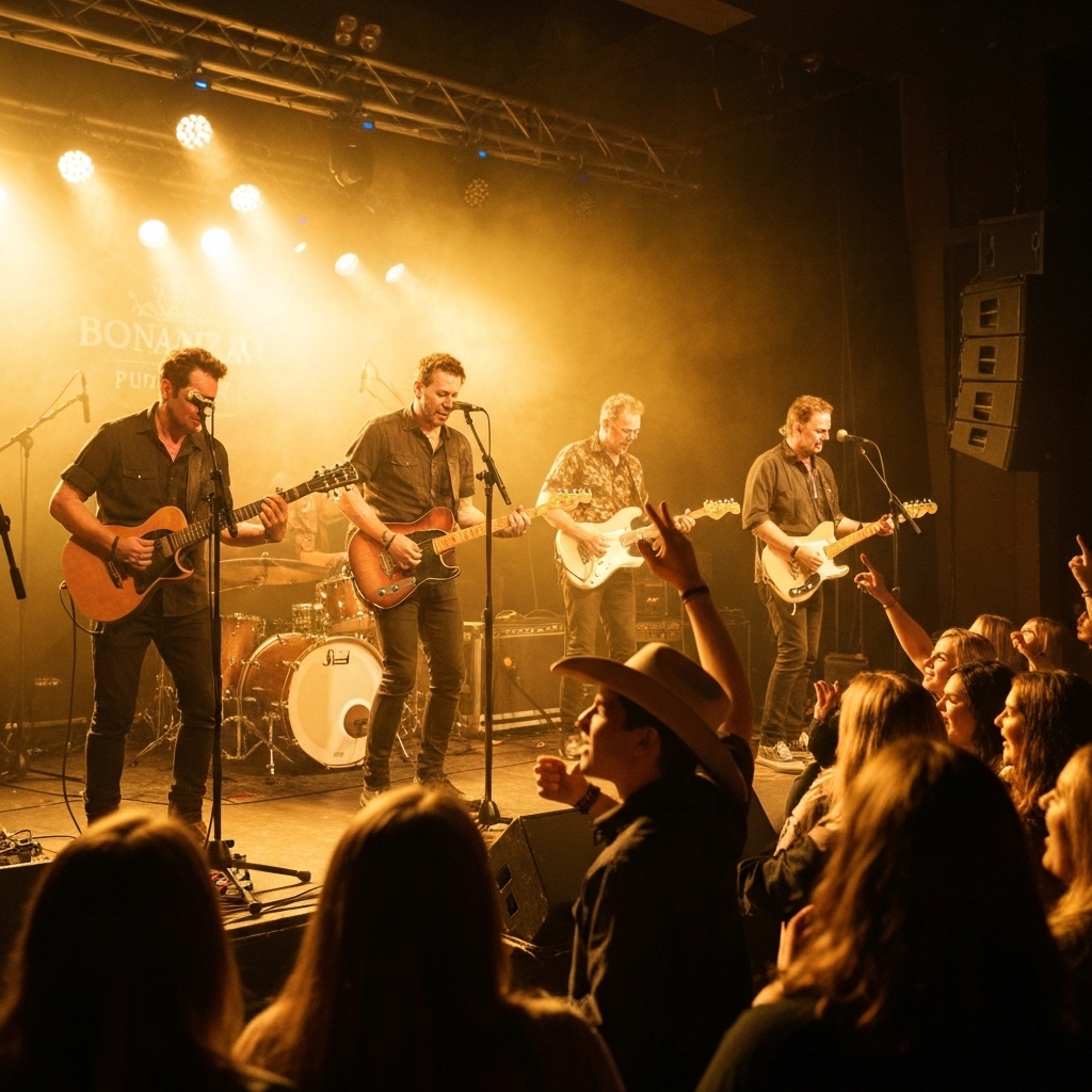 Band performing live on stage at Bonanza Pub with crowd cheering, warm lighting atmosphere