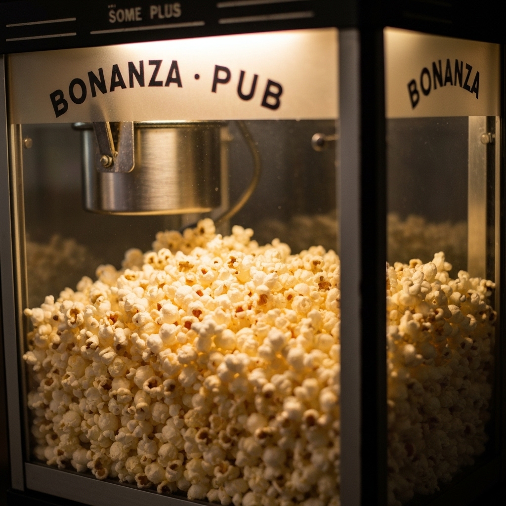 Close up of vintage popcorn machine at Bonanza Pub filled with fresh popcorn