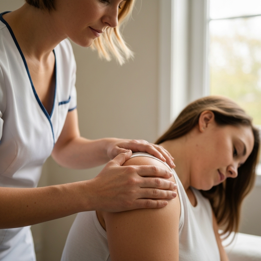 Close up of therapeutic hands gently touching a patient's shoulder in a calm, natural light environment, symbolizing somatic emotional release