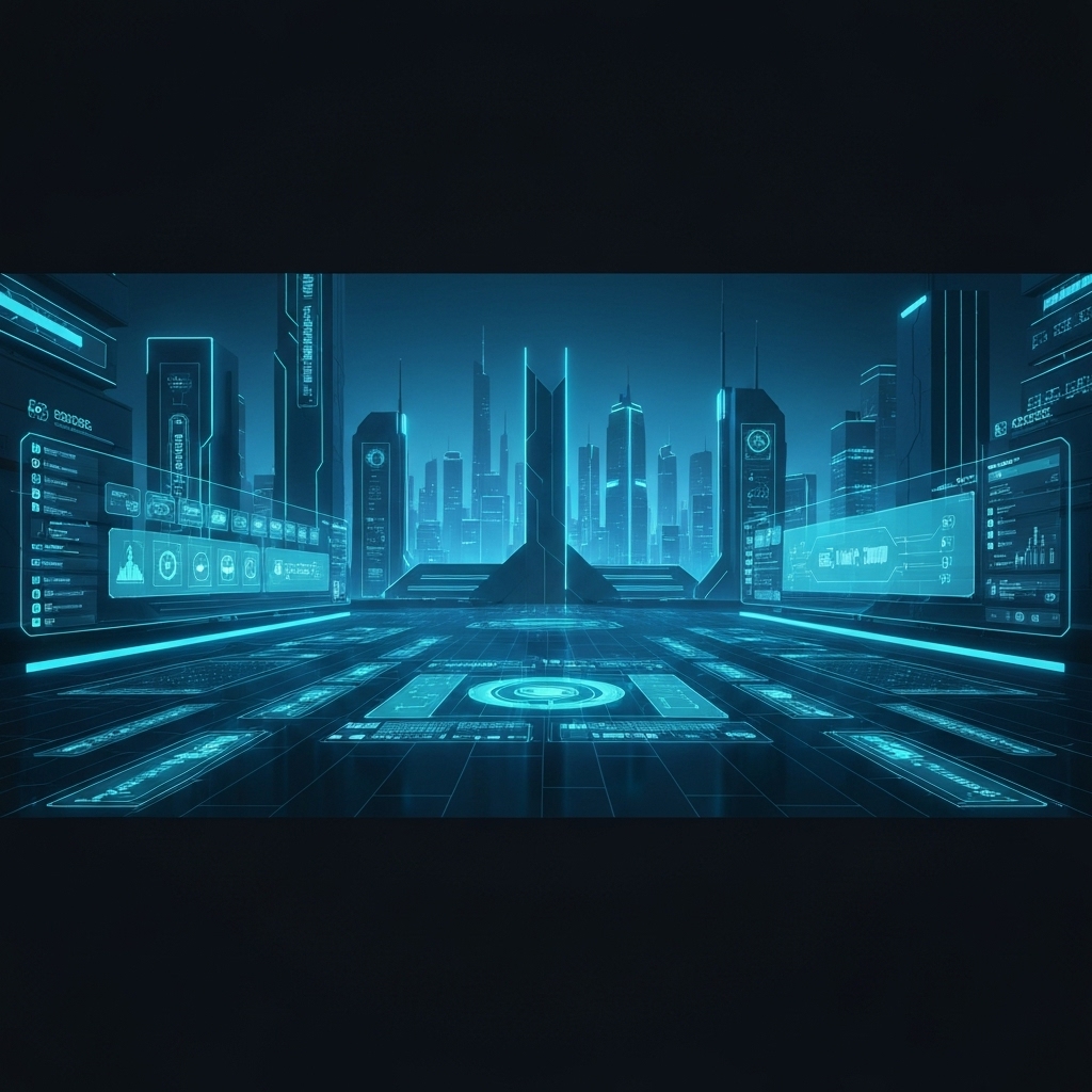 Futuristic digital landscape showing a search bar transforming into a conversational AI interface with data streams