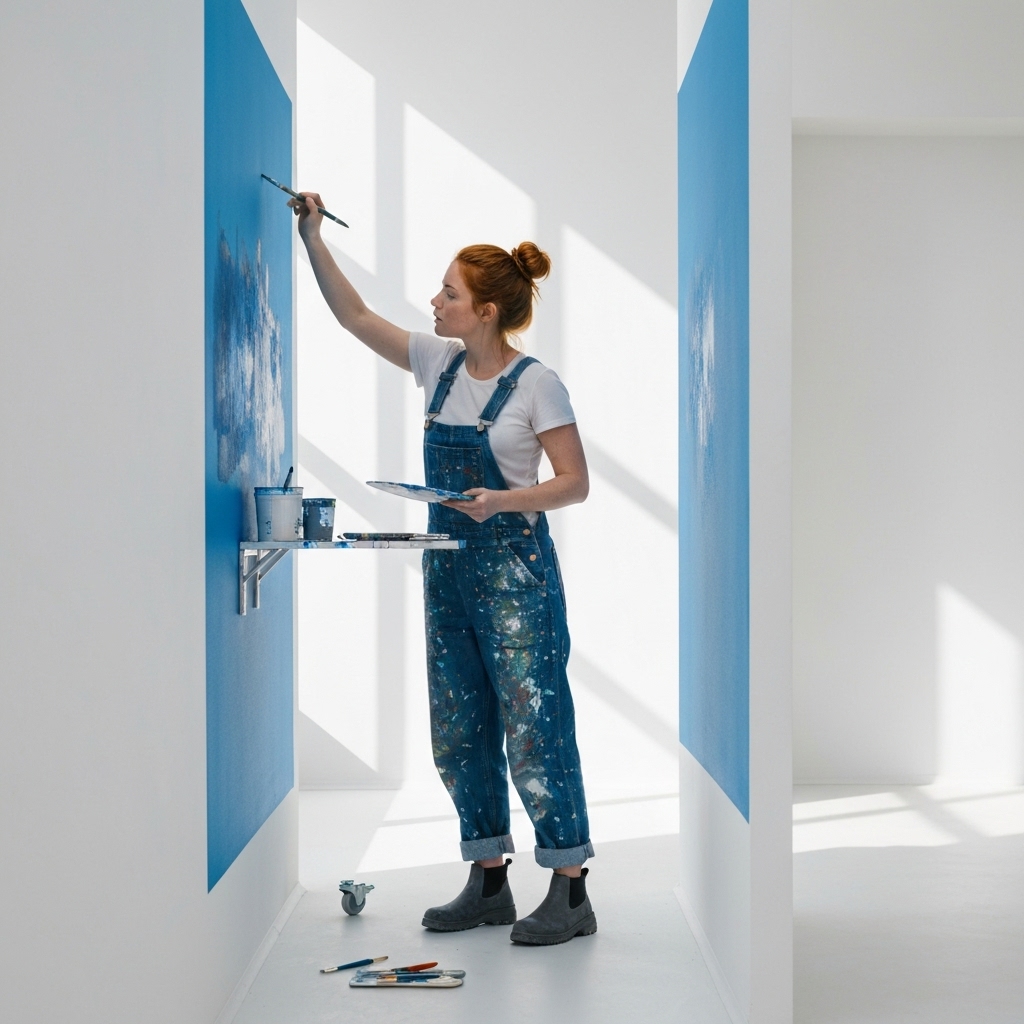 Un peintre professionnel en bâtiment appliquant soigneusement de la peinture bleue sur un mur de salon moderne avec des protections au sol, éclairage naturel, haute résolution