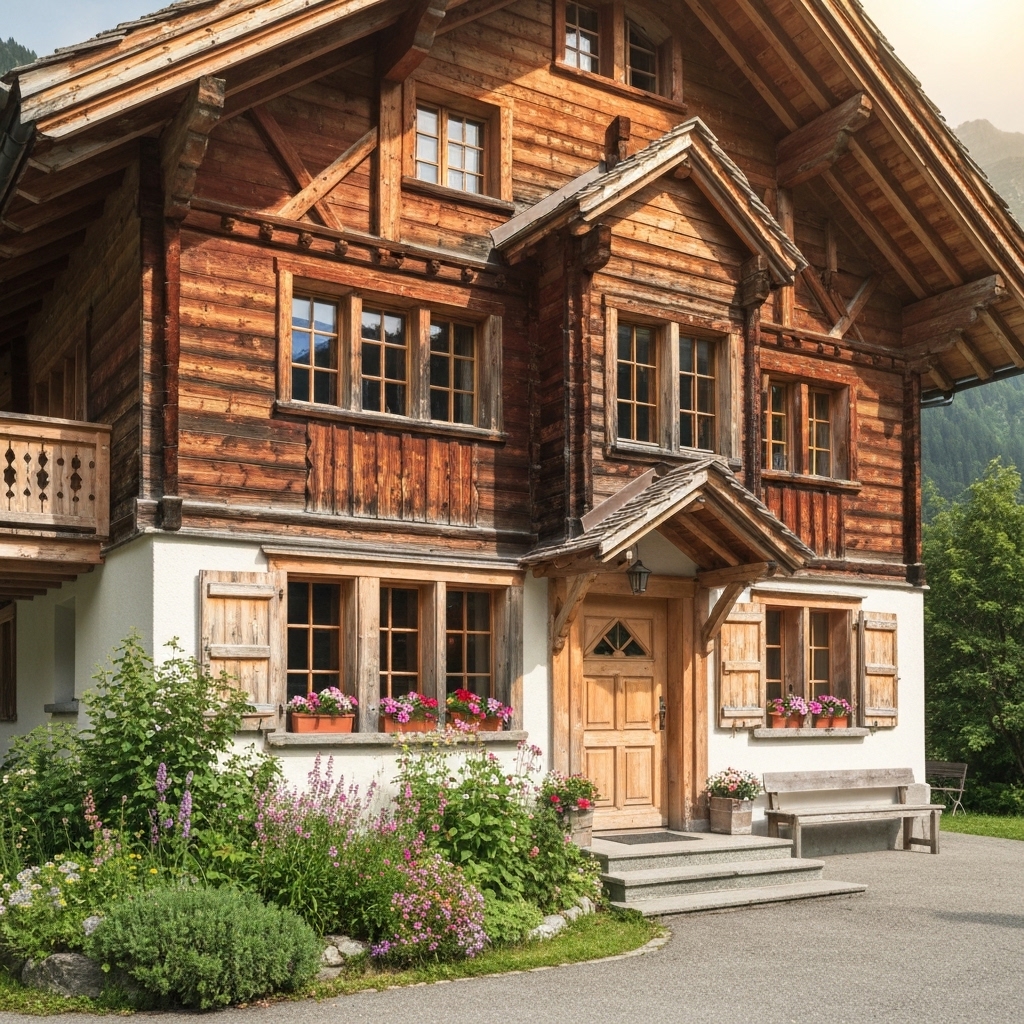 A beautiful Swiss chalet renovation featuring modern forest green wooden shutters against a stone facade, natural light, high definition