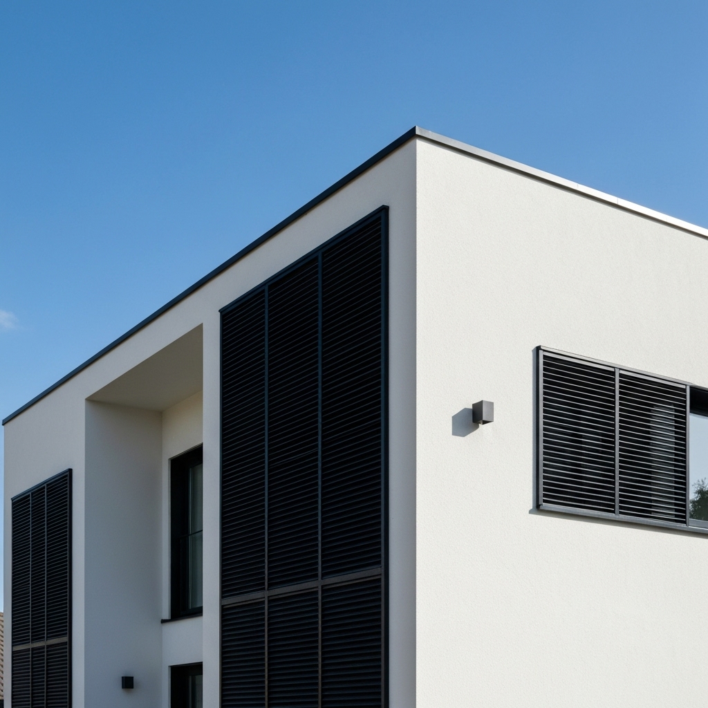 Modern house exterior with matte black wooden shutters contrasting against white walls