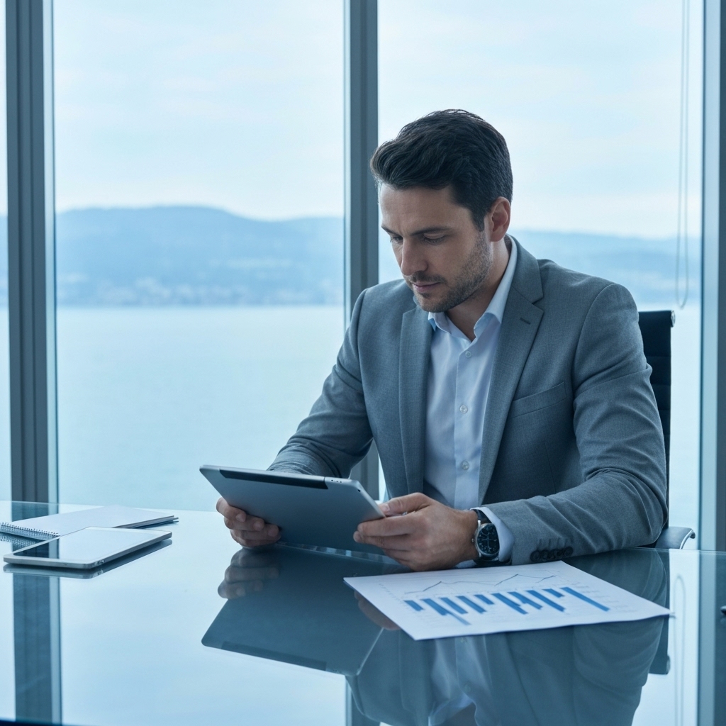 A professional Swiss entrepreneur analyzing growth charts on a tablet in a modern office overlooking Geneva lake