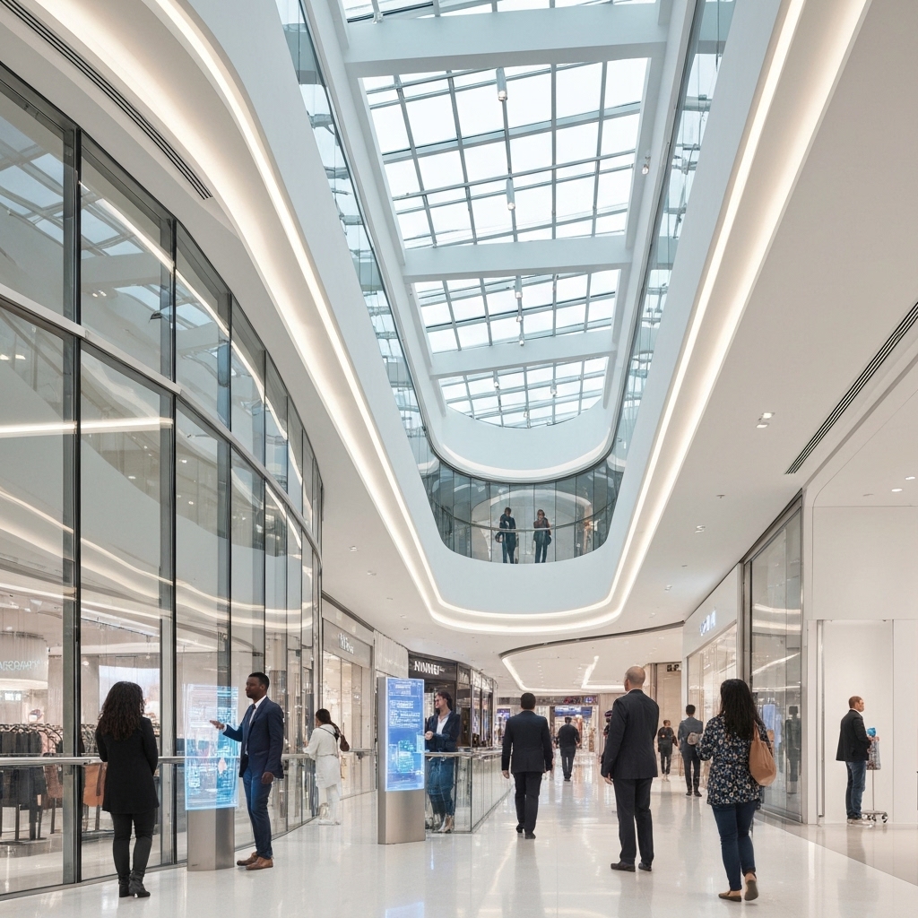 Futuristic shopping mall interior with digital screens and happy customers interacting with AI kiosks