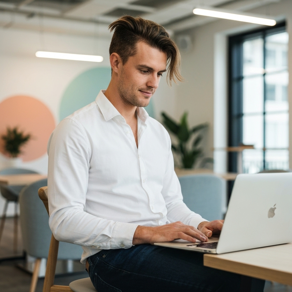 A digital entrepreneur looking at a laptop screen showing an AI generated ecommerce dashboard with charts and product listings