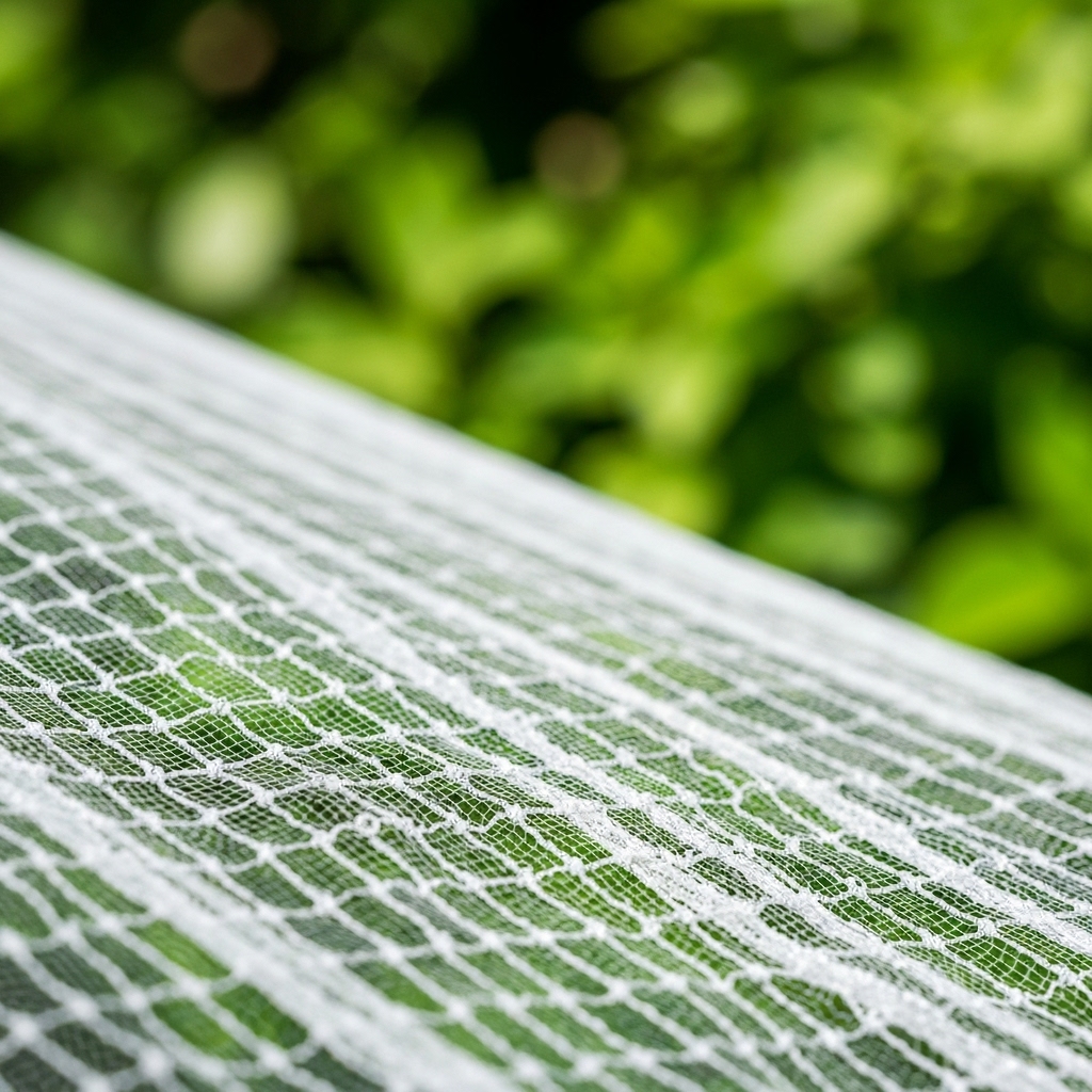 Close up detail of a high quality mosquito net mesh texture with blurred green background