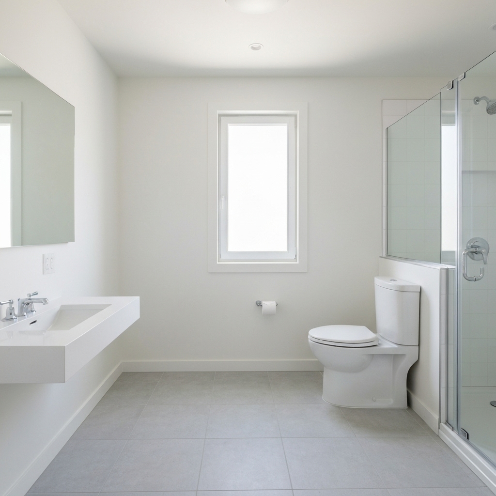 Petite salle de bain moderne rénovée avec murs blancs lumineux et sol clair, miroir reflétant la lumière naturelle