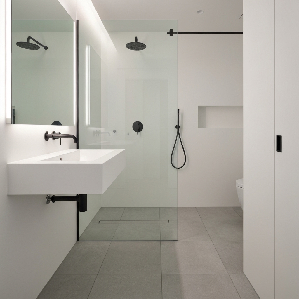 Salle de bain avec mur accent bleu profond derrière le lavabo et autres murs blancs