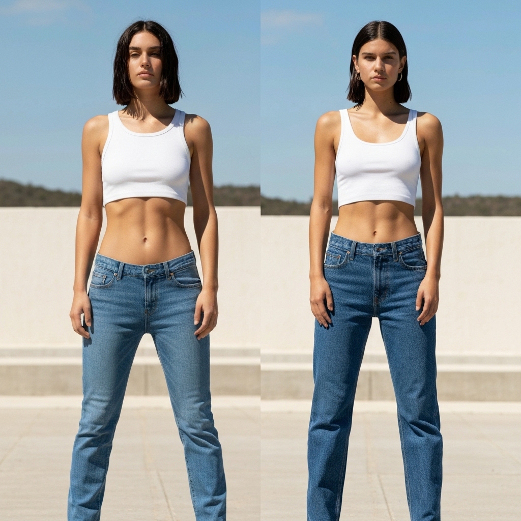 Side by side comparison of ultra low rise jeans vs chic mid rise vintage denim