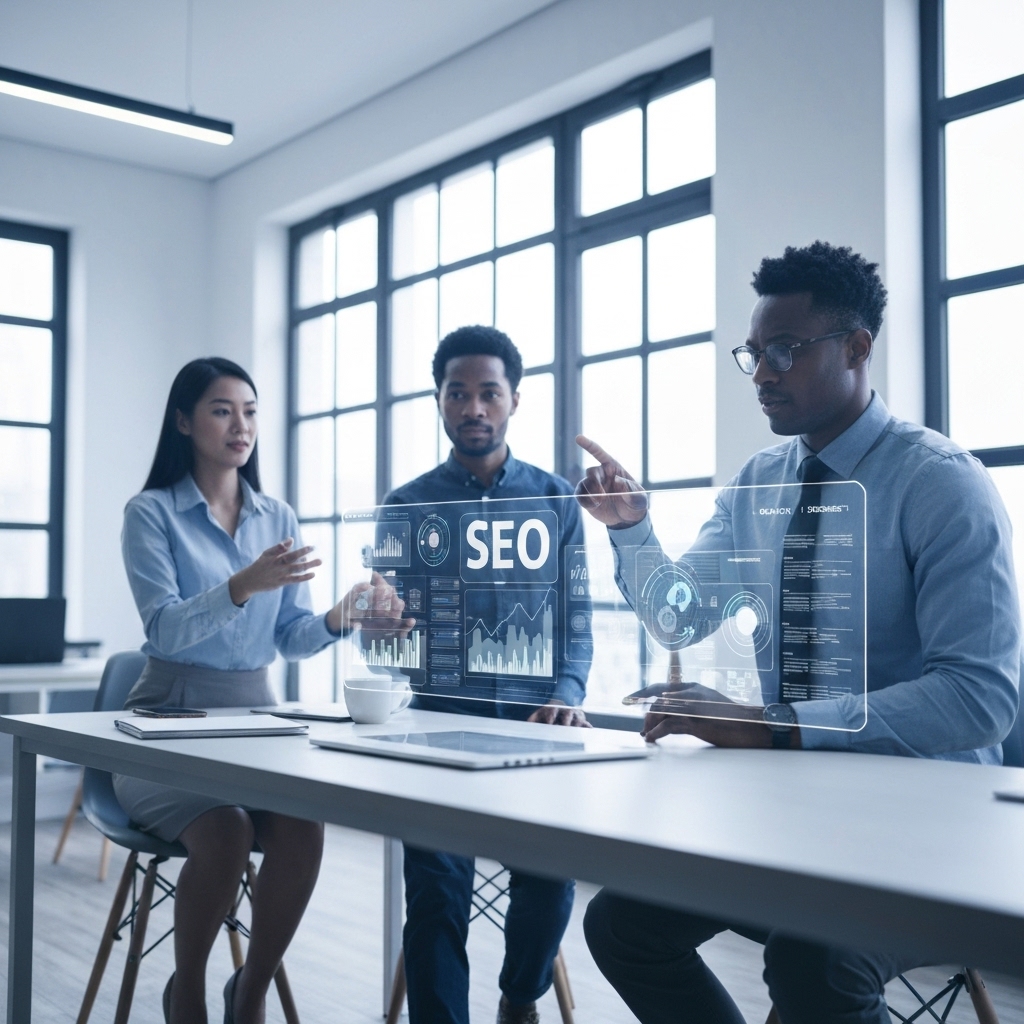 A digital marketing team analyzing complex SEO data on a futuristic holographic interface, representing advanced software capabilities