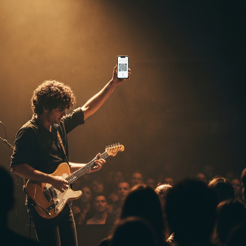 A musician on stage using a phone to show their personal Kiosque QR page to the audience