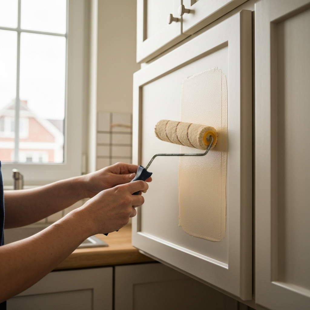 Close up of a person painting a kitchen cabinet door in sage green with a roller, renovating instead of replacing