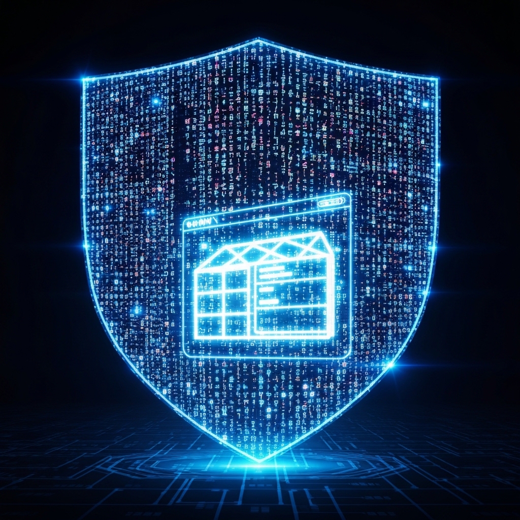 A digital shield made of code protecting a glowing business website structure in a dark cyber space