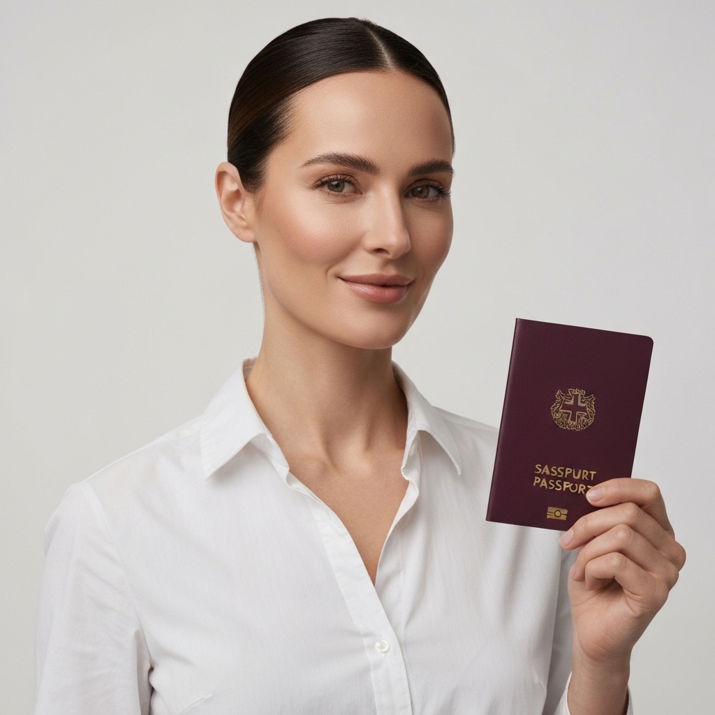 Close up of a woman holding a swiss passport with a smile