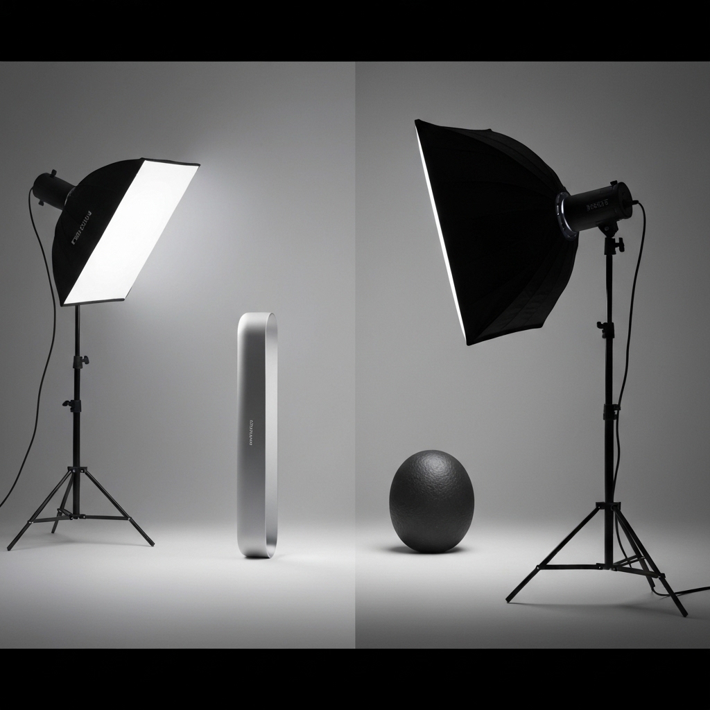 Professional lighting setup in a studio vs a photobooth harsh light comparison