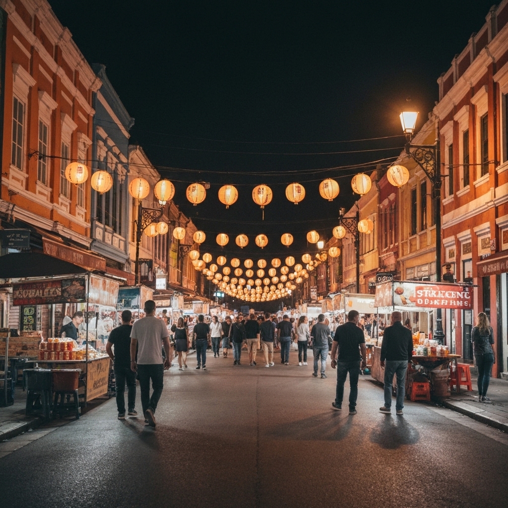A lively street view of Echallens at night with people laughing, street food stalls, and a warm inviting atmosphere
