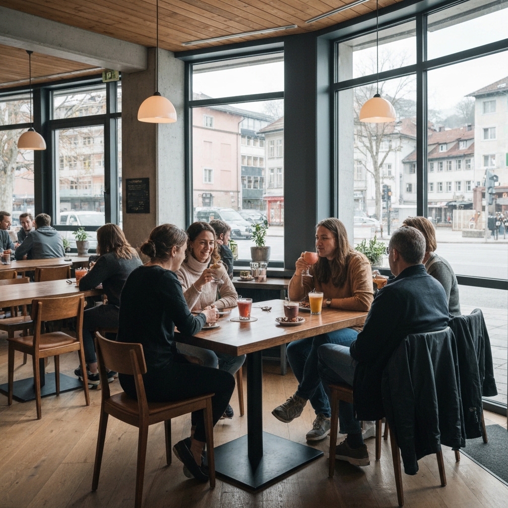 Ambiance chaleureuse dans un café suisse moderne avec des clients dégustant des boissons artisanales colorées sur une table en bois