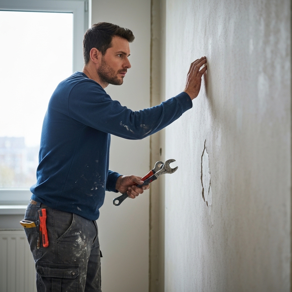 Close up view of a man inspecting a cracked wall before renovation