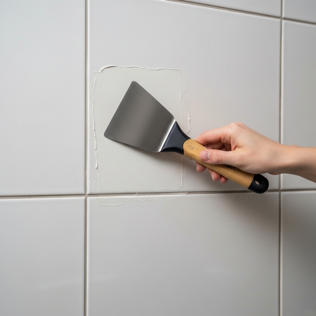 Close up of a professional hand holding a spatula repairing a crack in a white wall with precision focus
