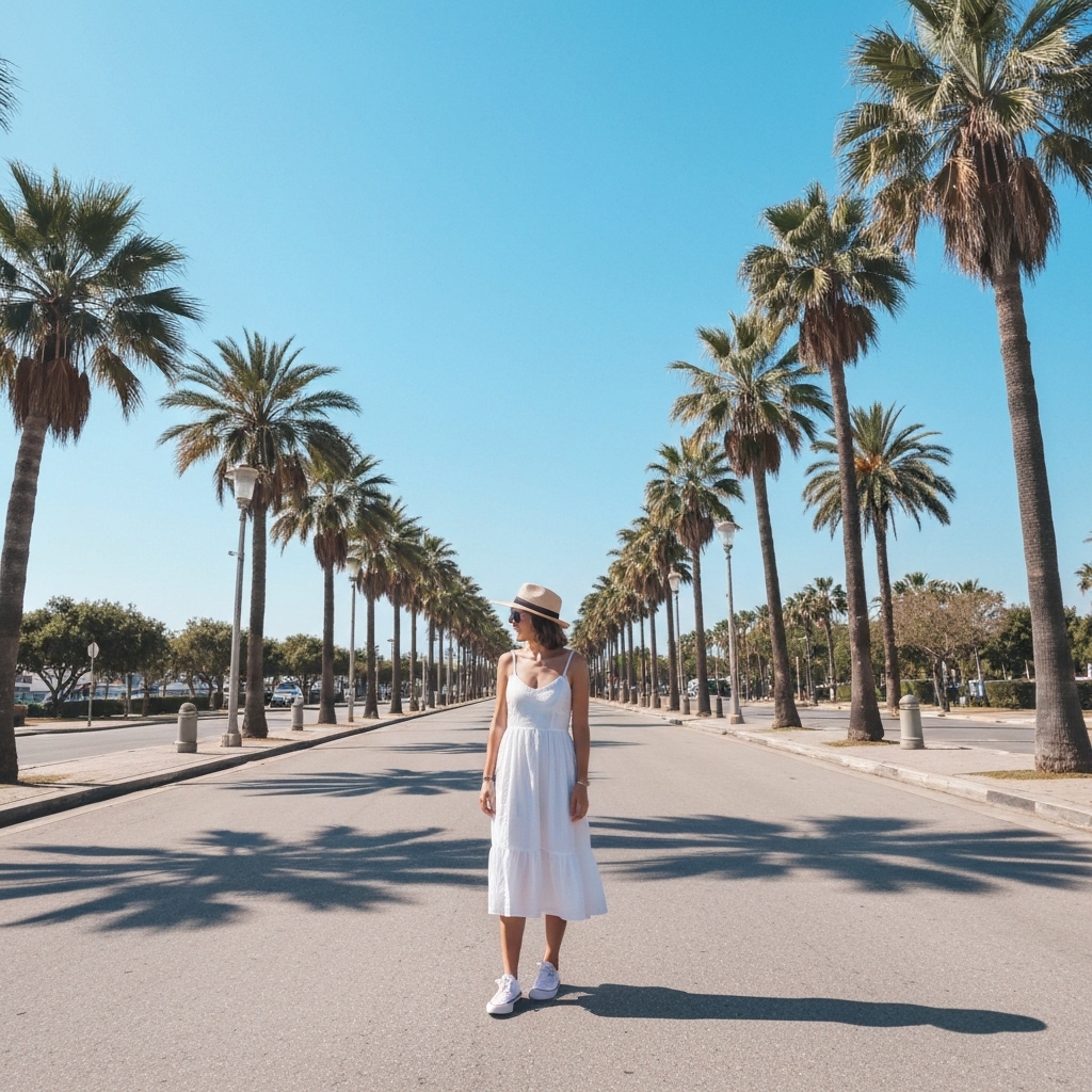 A confident woman walking on a Santa Monica street wearing a vintage blazer, distressed denim, and gold jewelry, embodying the California casual style.