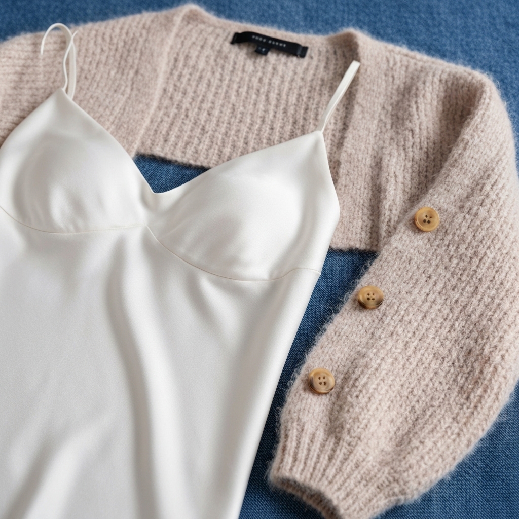 Close up highlighting texture combination: chunky knit beige cardigan over a silk white camisole and denim fabric background.