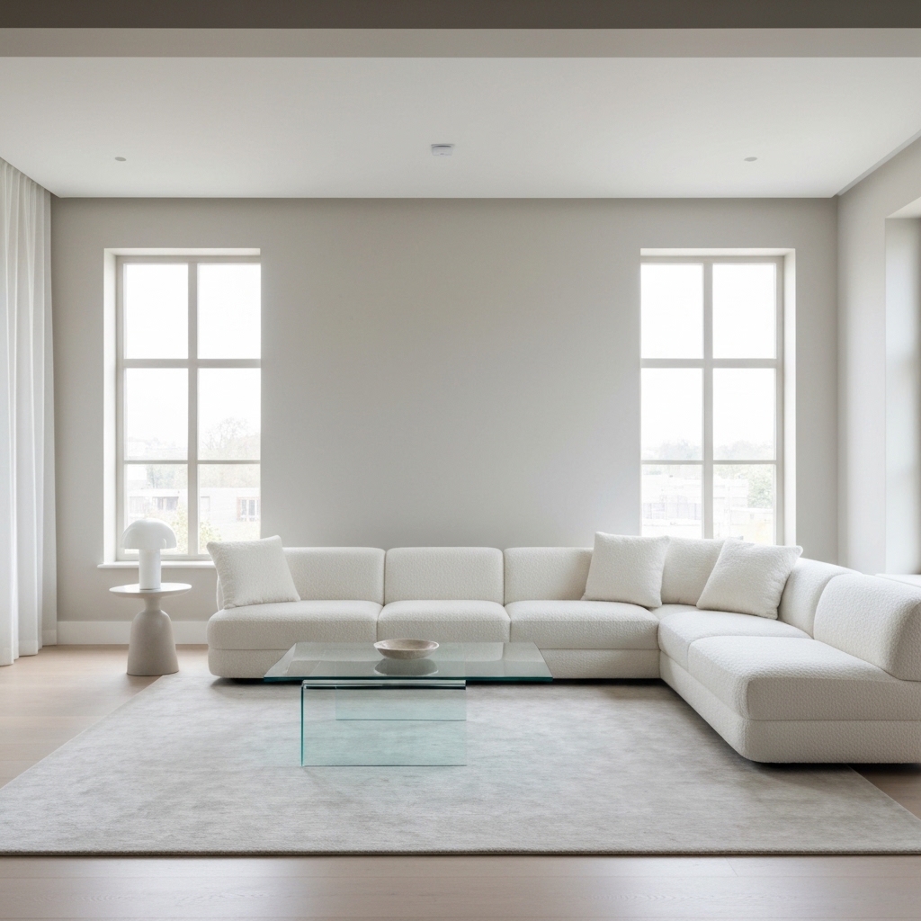 Un salon spacieux et lumineux au style contemporain avec un canapé en bouclette blanc, une table basse en verre et des murs aux tons neutres