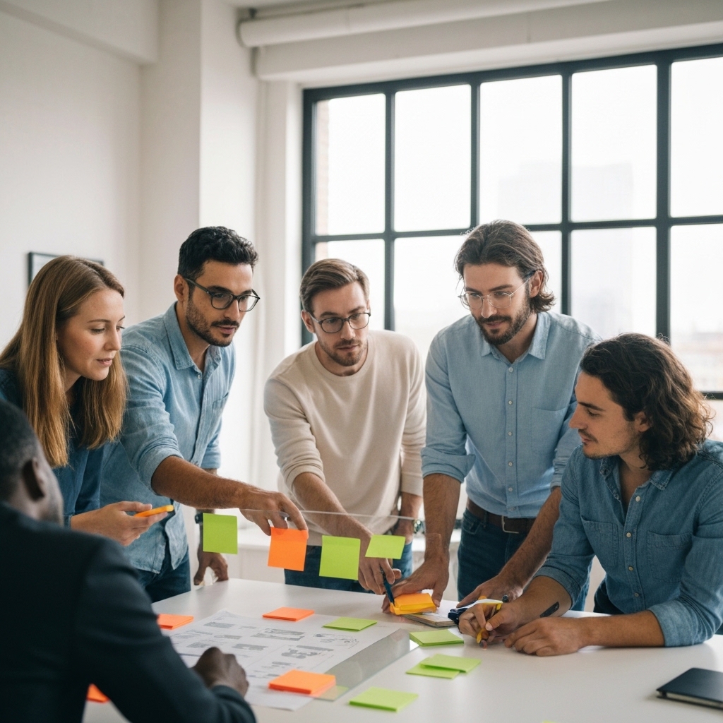 A professional web development team analyzing a website strategy on a glass board in a modern office in Lausanne
