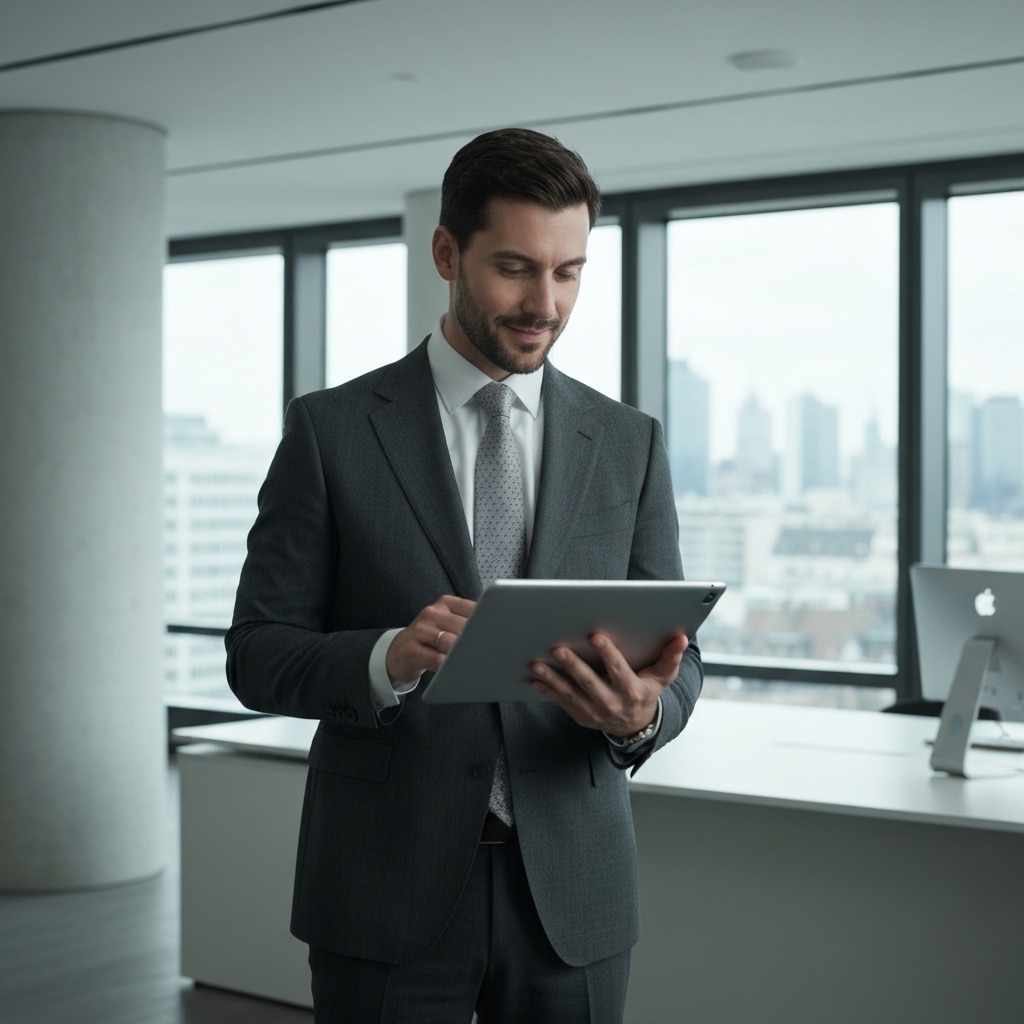 A professional Swiss entrepreneur analyzing digital data on a futuristic tablet in a modern office in Geneva, realistic style