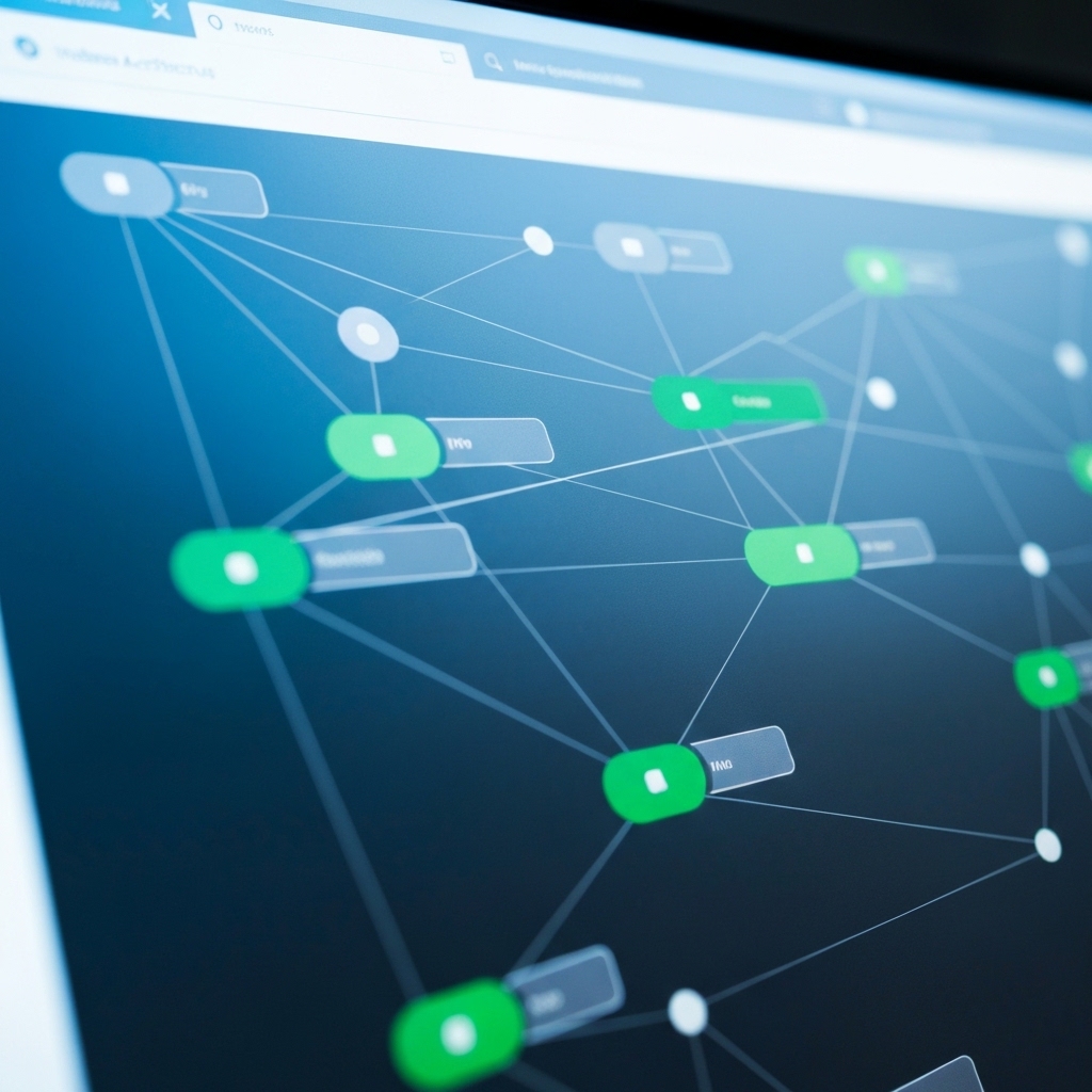 Close up of a computer screen displaying a complex network of nodes representing website architecture and internal linking structure