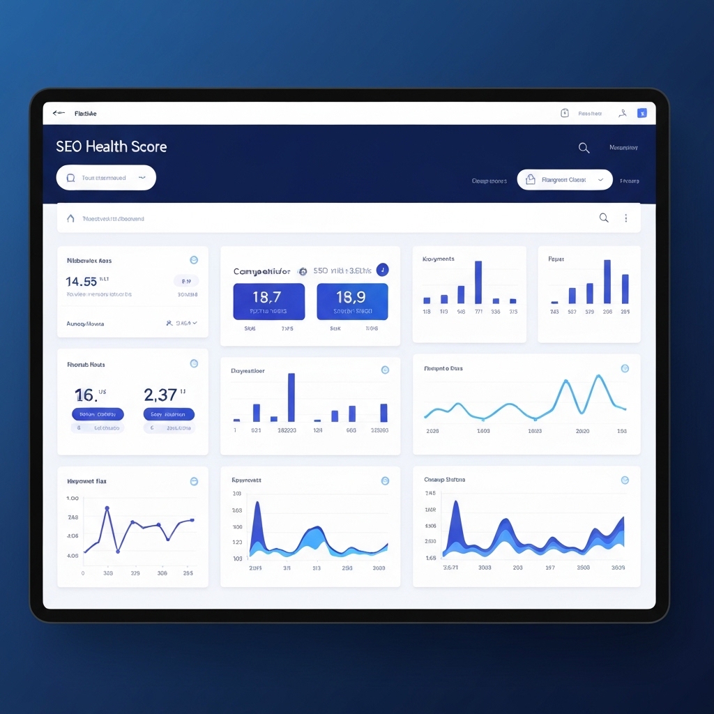 Futuristic digital dashboard showing a website SEO health score with glowing nodes connecting to competitor data and keyword clouds