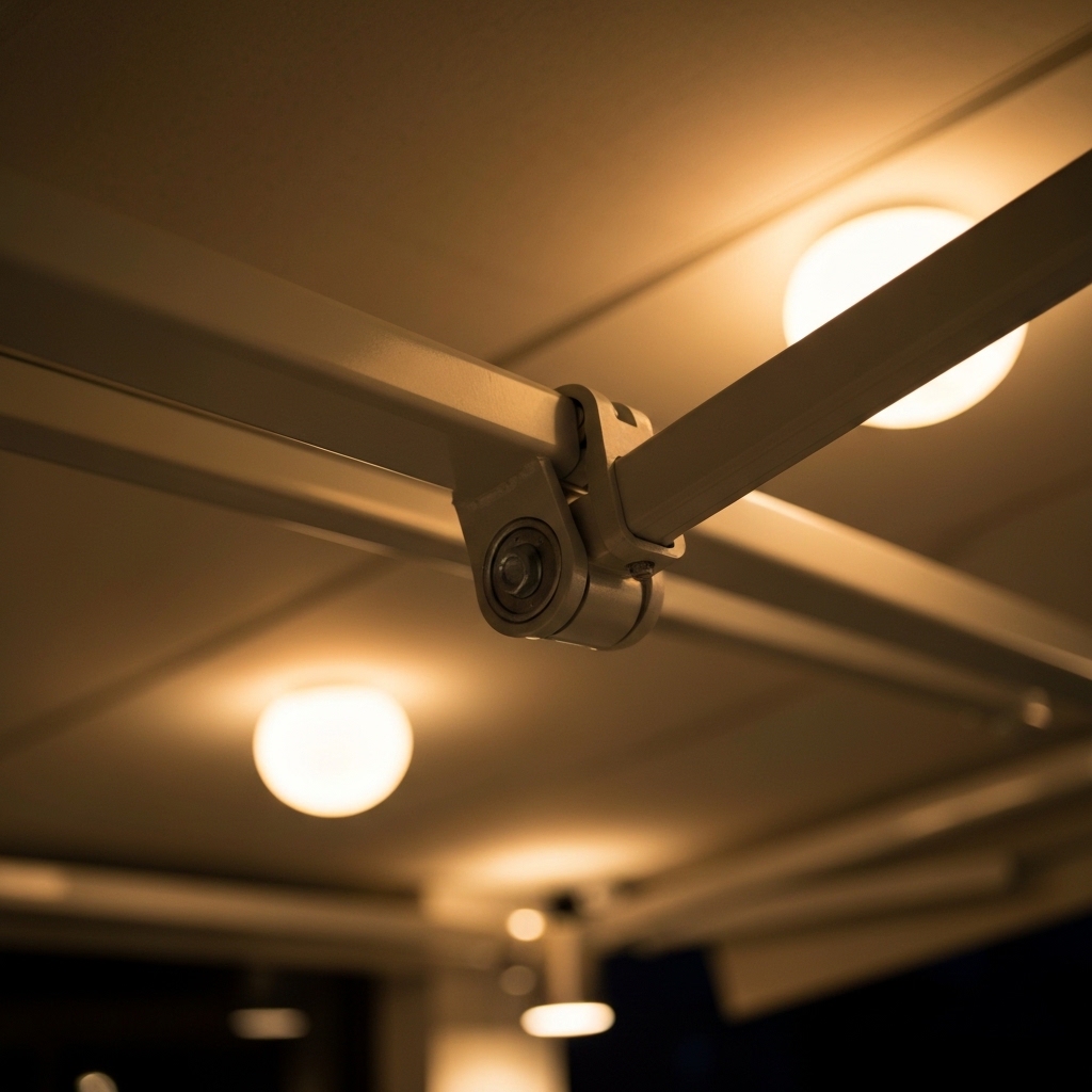 Gros plan sur l'articulation d'un store banne montrant les vis de réglage de l'inclinaison