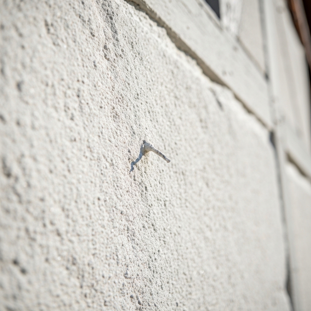 Close up of a professional painter applying white mineral paint on a textured stone facade of a swiss house