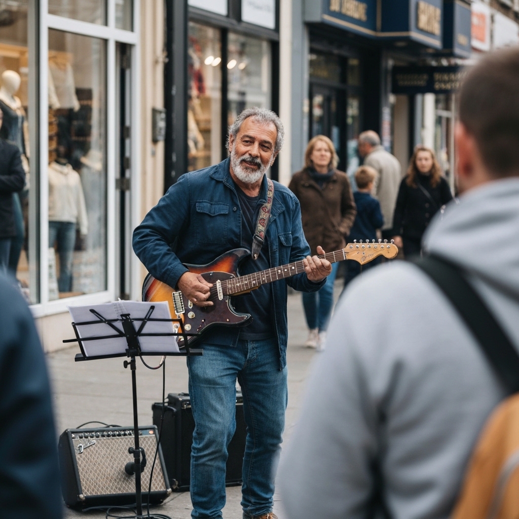 A street musician performing with a clearly visible sign featuring a large QR code next to their instrument case, referencing how to get tips as a street performer