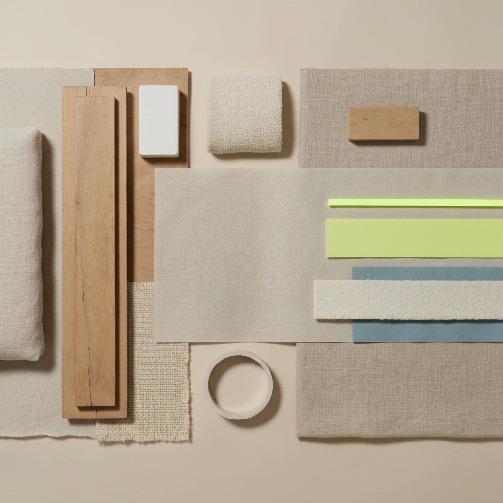 A mood board showing the contrast between vintage Californian textures and futuristic sustainable fabrics, blending organic beige tones with digital neon accents