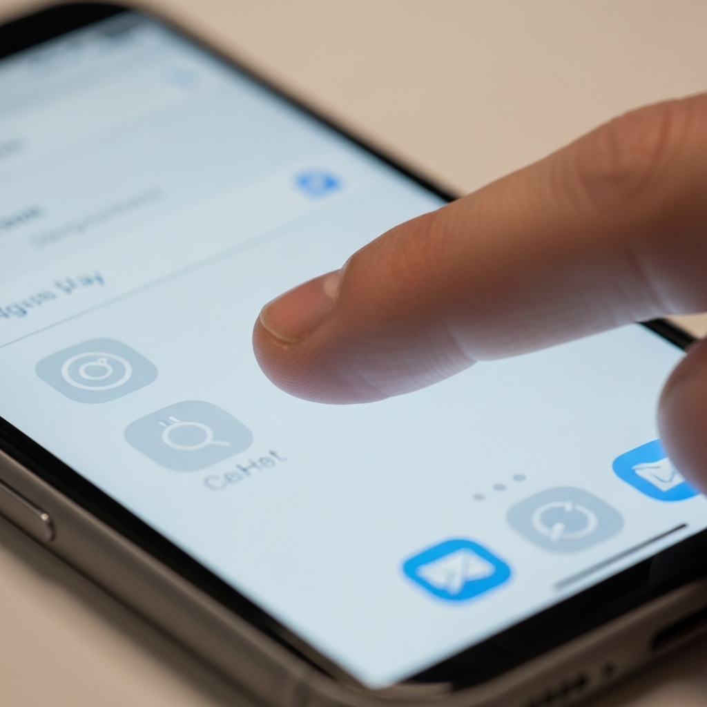 A close-up shot of a smartphone screen displaying a sleek, modern mobile website interface created with Kleap, focusing on the user thumb interacting with a button.