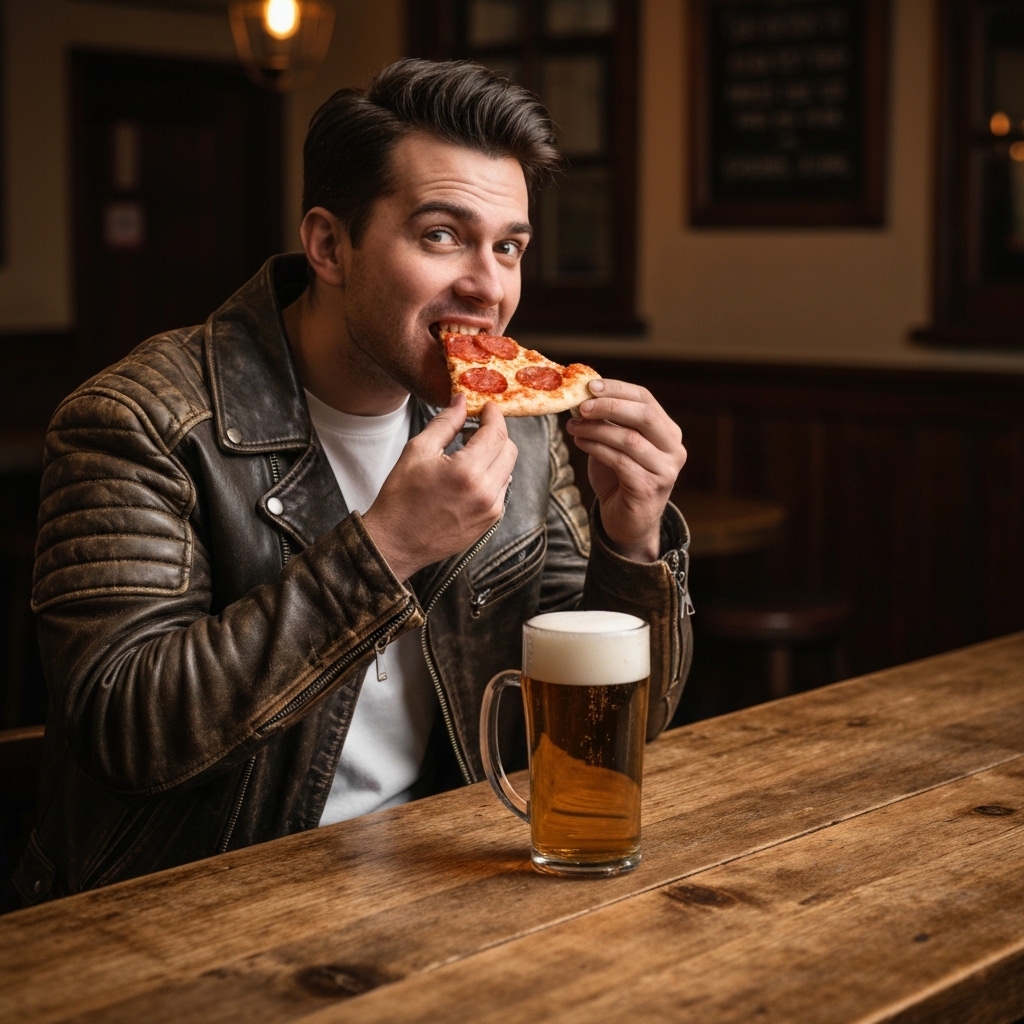 A cozy pub atmosphere with a biker in leather jacket eating a slice of pizza at the wooden bar counter with a pint of beer, cinematic lighting