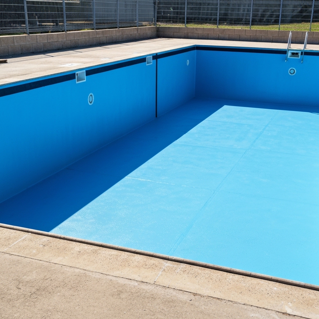 Rénovation d'une piscine en béton vide avec application de peinture bleue fraîche par beau temps, style réaliste