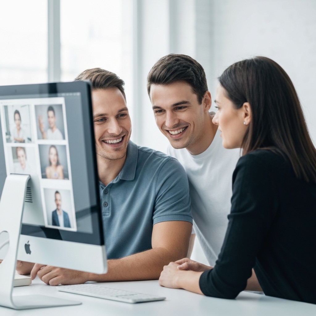 Happy client looking at photos on a computer screen with a photographer in a modern studio