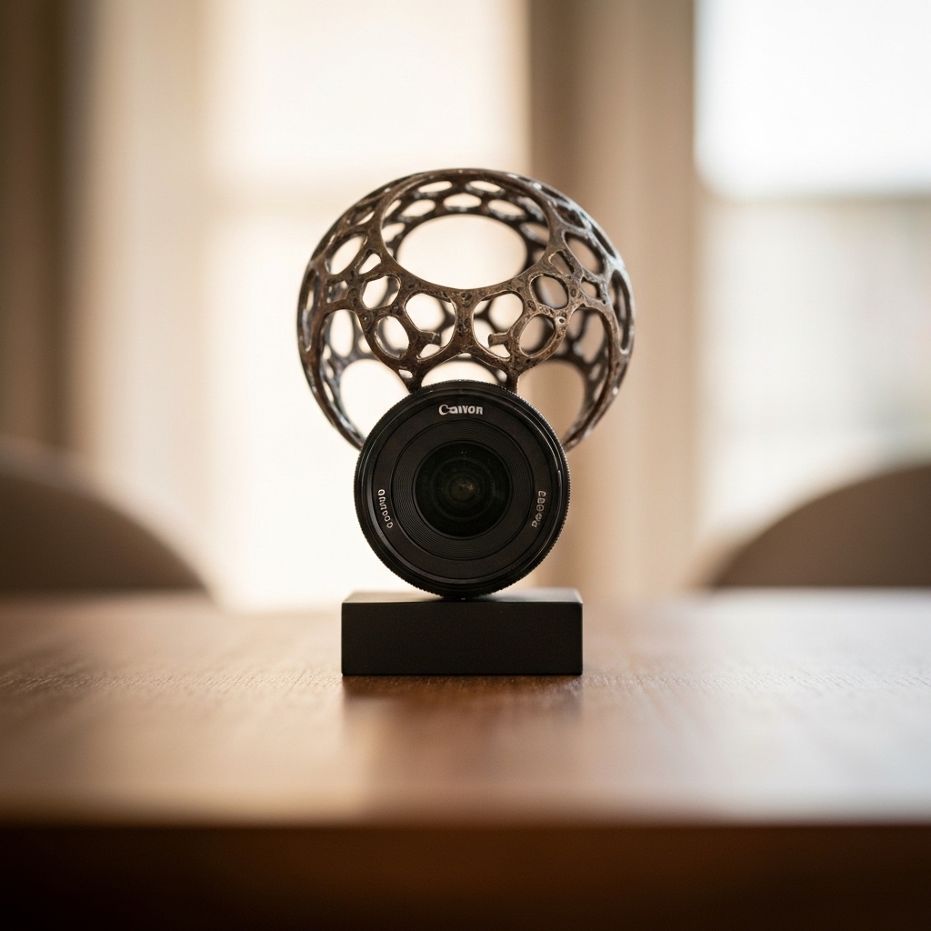 Close-up of a professional camera lens focused on a swiss passport document on a wooden desk, warm lighting, high quality