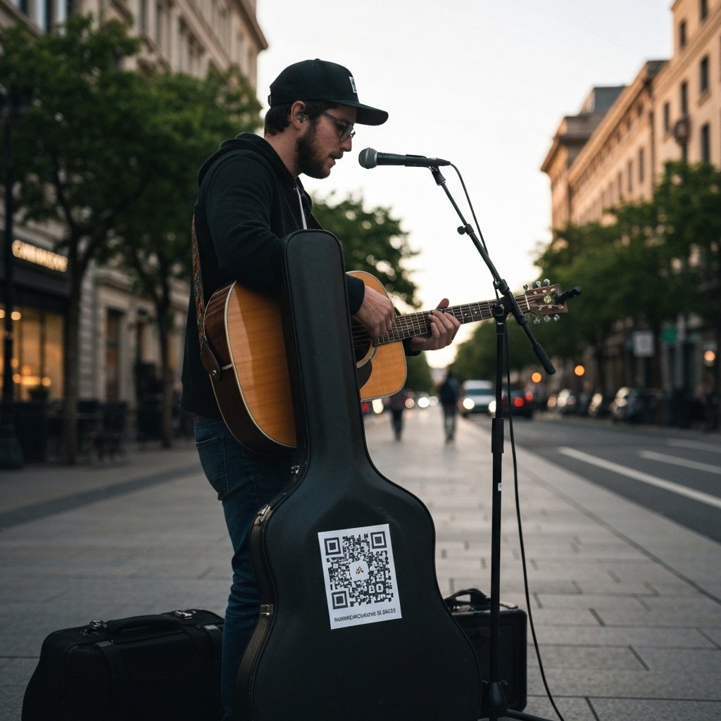 A street musician performing with a QR code sign visible on his guitar case