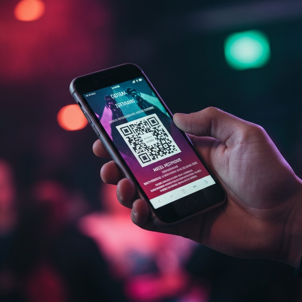 Close up of a smartphone scanning a QR code on a concert flyer