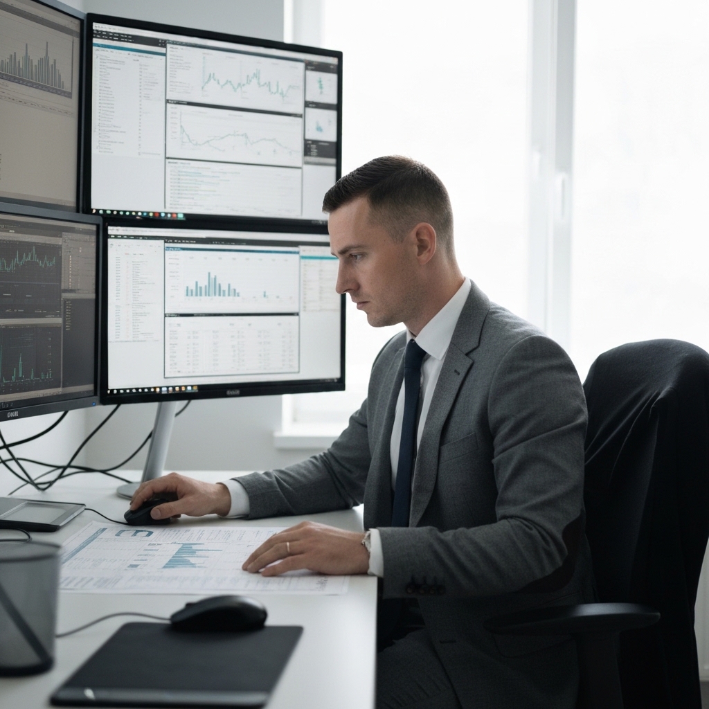 A digital marketing professional analyzing SEO data on multiple screens in a modern office