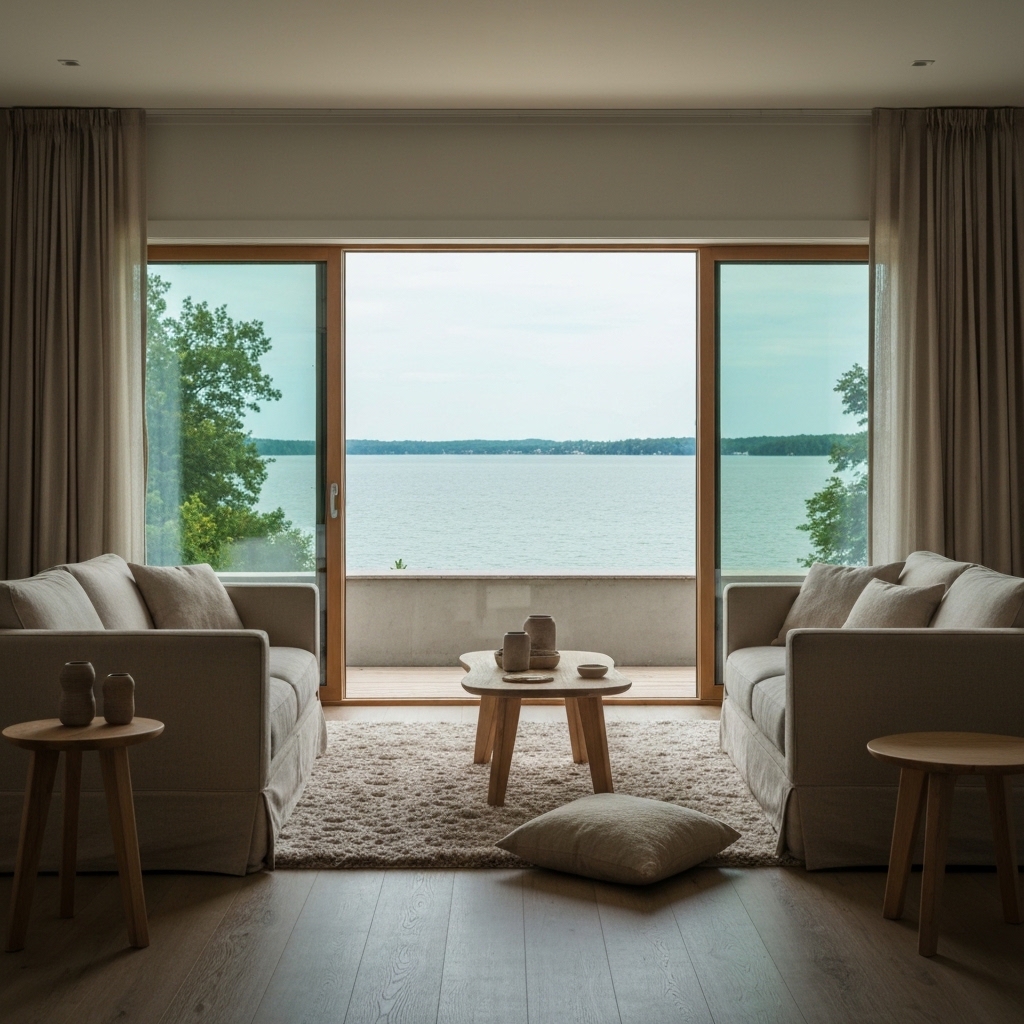 A bright, spacious living room in a Swiss apartment with minimalist wooden furniture, large windows overlooking a lake, and soft beige textiles.