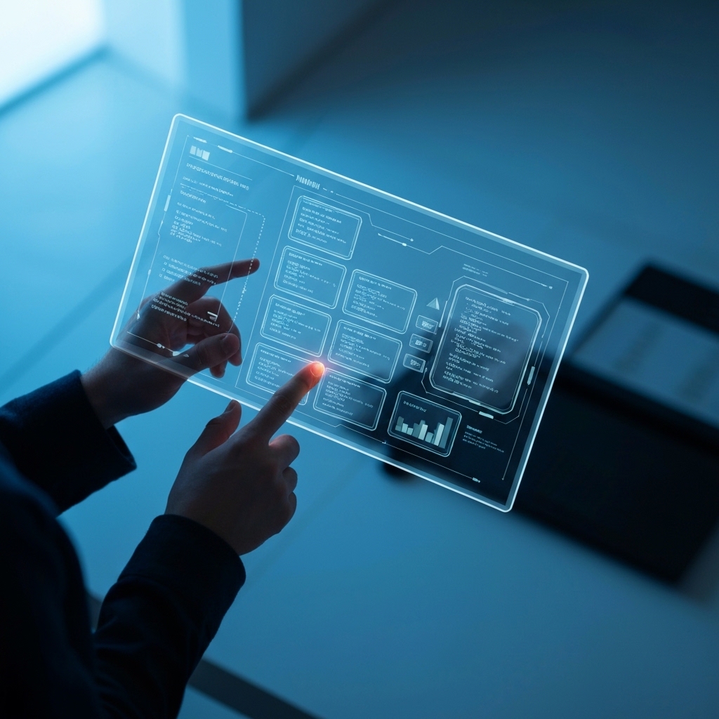 Futuristic digital dashboard concept showing a personal AI developer building a mobile application structure