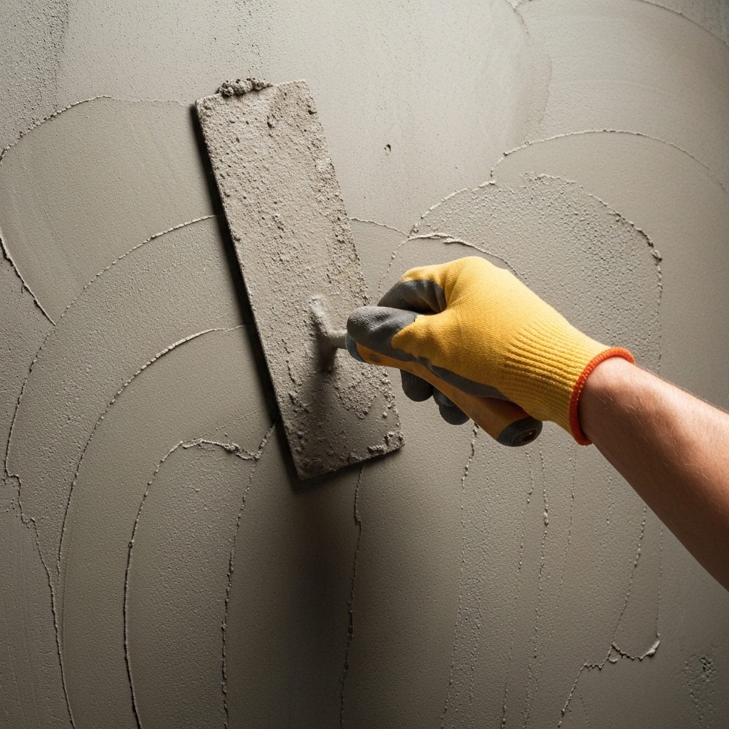 Close-up detail of a hand applying grey concrete texture paint on a wall with a trowel, showing the rough industrial grains