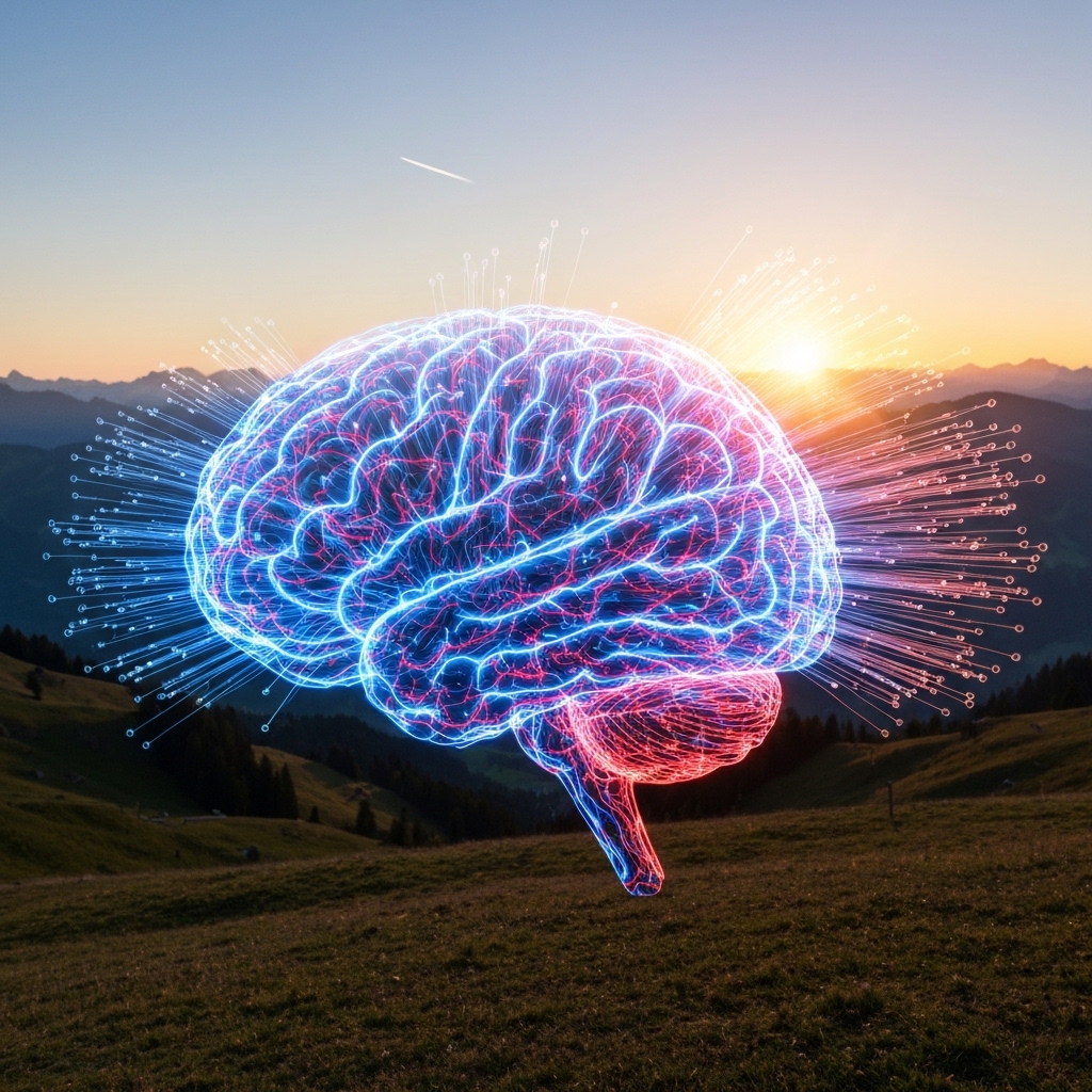 Futuristic digital brain connecting with human creativity in a Swiss landscape context