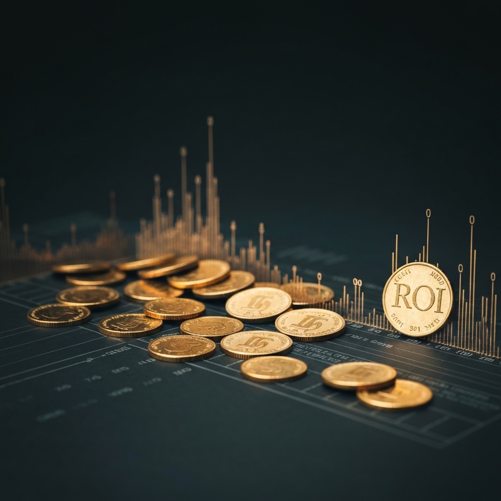 Abstract representation of data flow converting into gold coins, symbolizing ROI