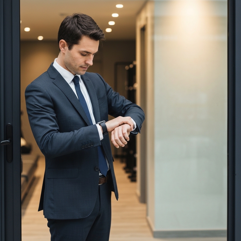 A busy professional in business attire looking at their watch while standing next to a calm, exclusive private gym entrance