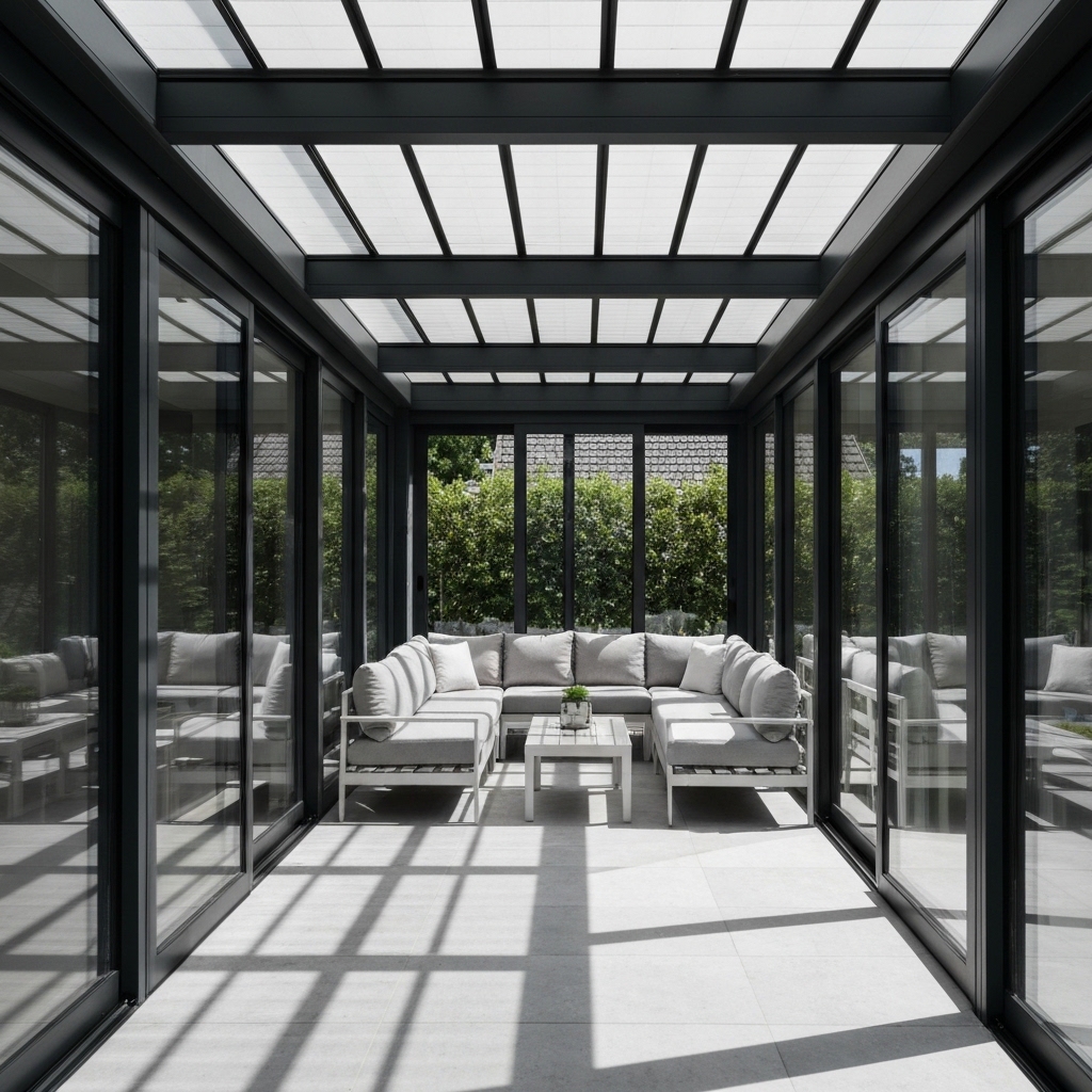 Beautiful modern veranda with sunlight streaming through, protected by solar film, comfortable furniture visible, high dynamic range real photo style